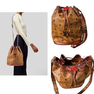 MCM Monogram Visetos Coated Canvas Crossbody Drawstring Bucket Bag in Cognac EUC